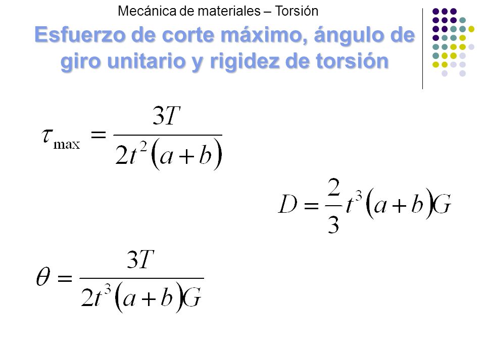 Esfuerzo de corte máximo, ángulo de giro unitario y rigidez de torsión
