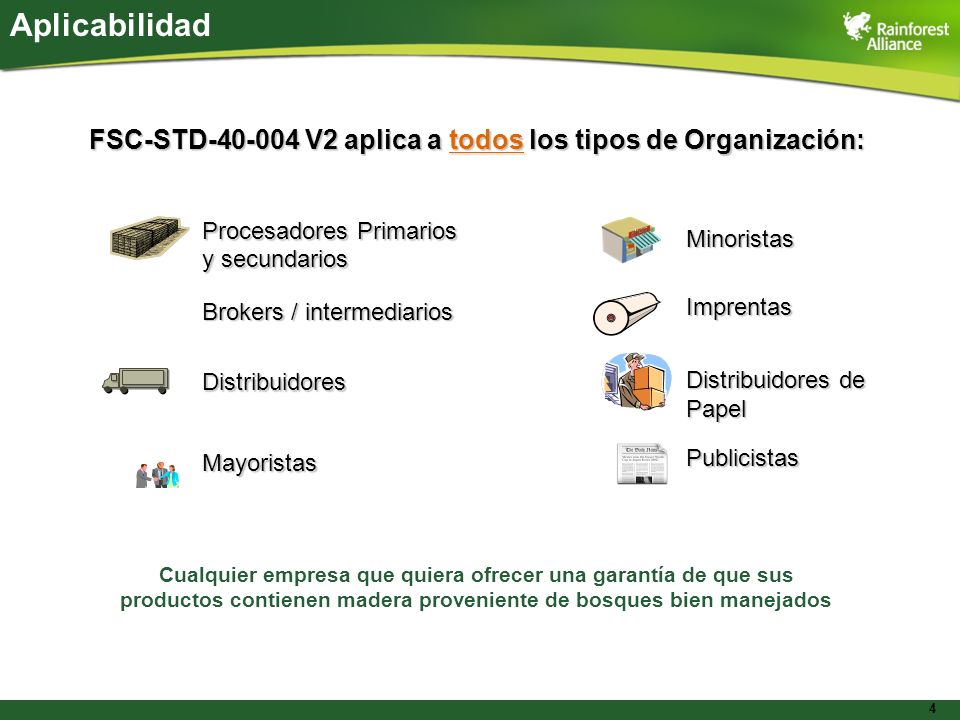 Aplicabilidad FSC-STD V2 aplica a todos los tipos de Organización: Procesadores Primarios. y secundarios.
