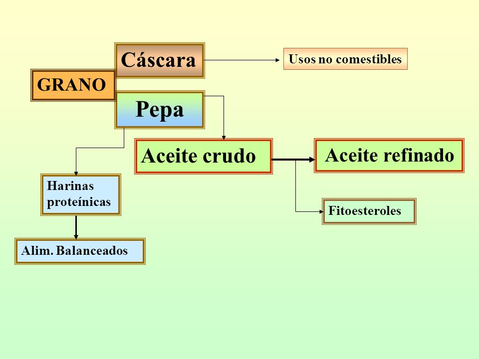 Pepa Cáscara Aceite crudo Aceite refinado GRANO Usos no comestibles