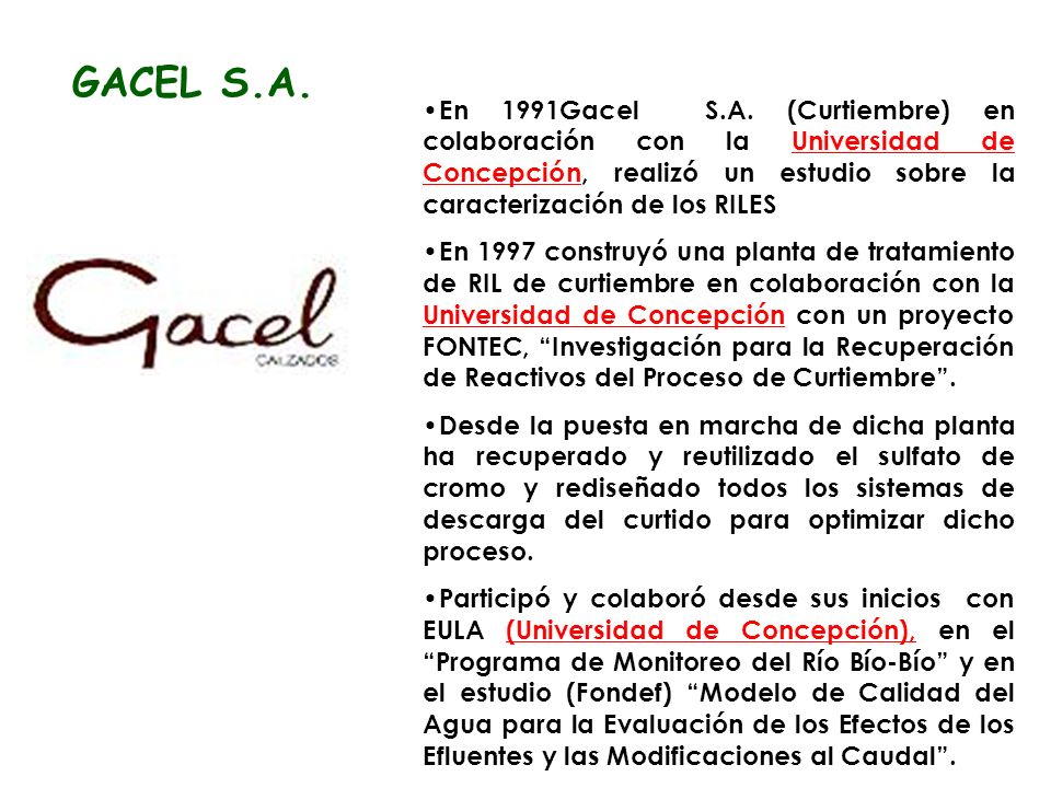 GACEL S.A. En 1991Gacel S.A. (Curtiembre) en colaboración con la Universidad de Concepción, realizó un estudio sobre la caracterización de los RILES.