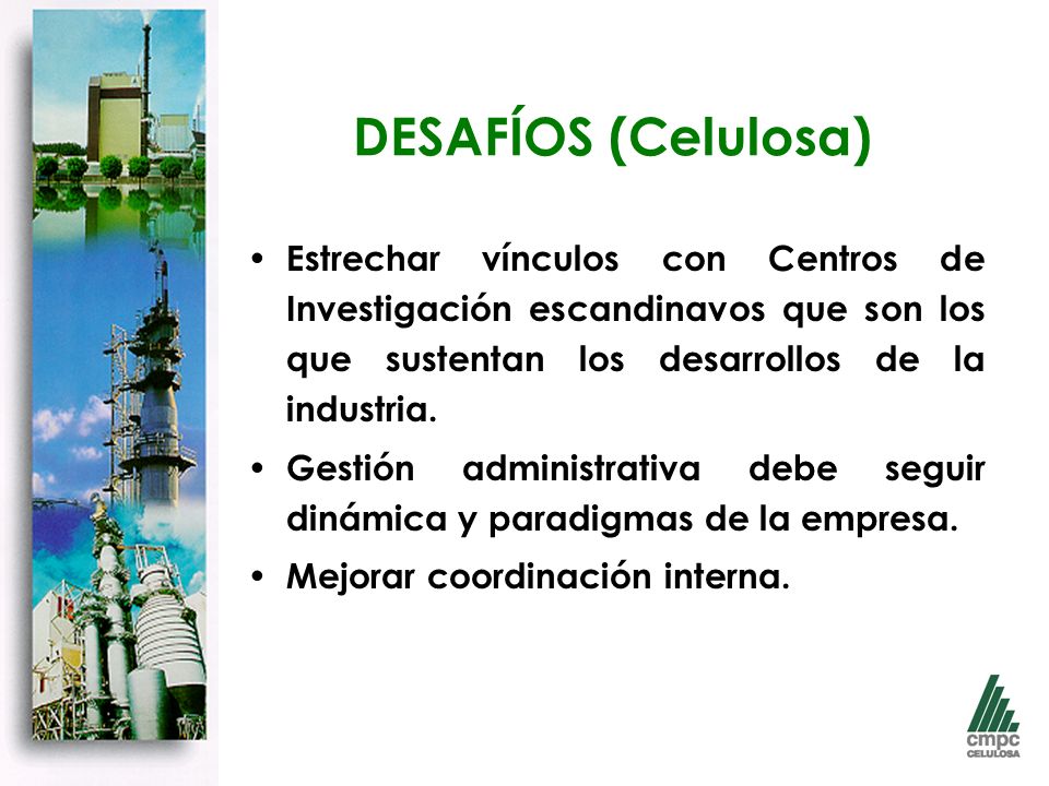 DESAFÍOS (Celulosa) Estrechar vínculos con Centros de Investigación escandinavos que son los que sustentan los desarrollos de la industria.
