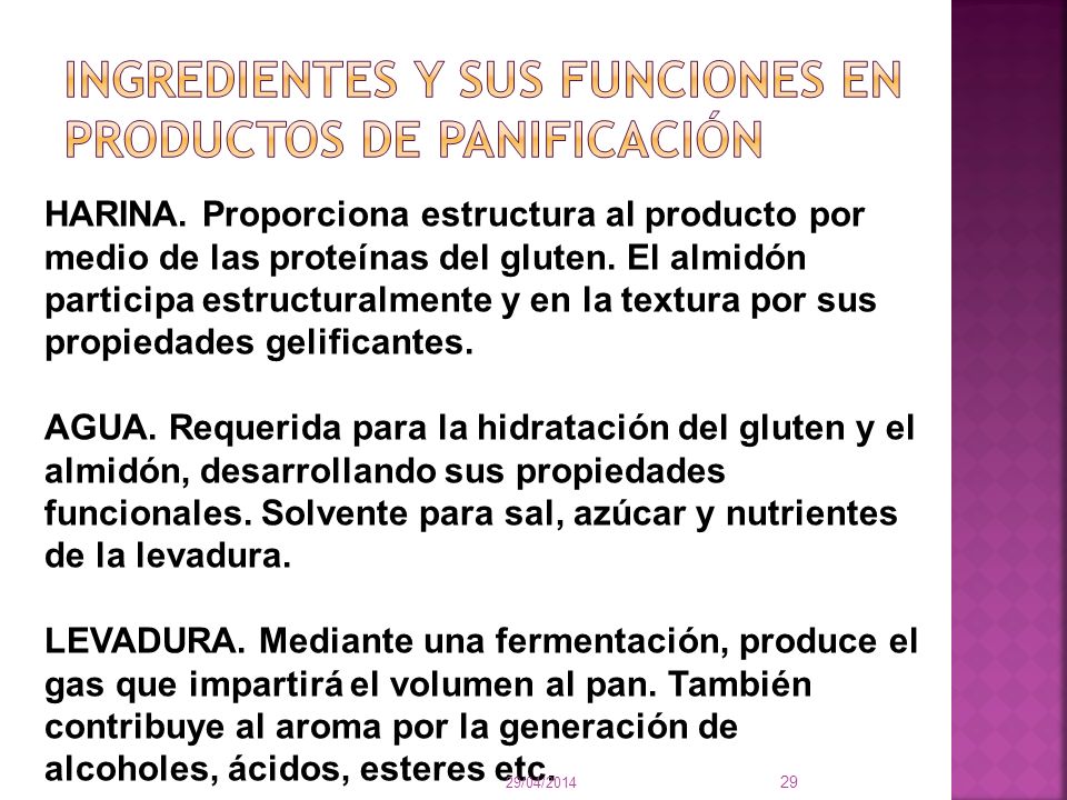 INGREDIENTES Y SUS FUNCIONES EN PRODUCTOS DE PANIFICACIÓN