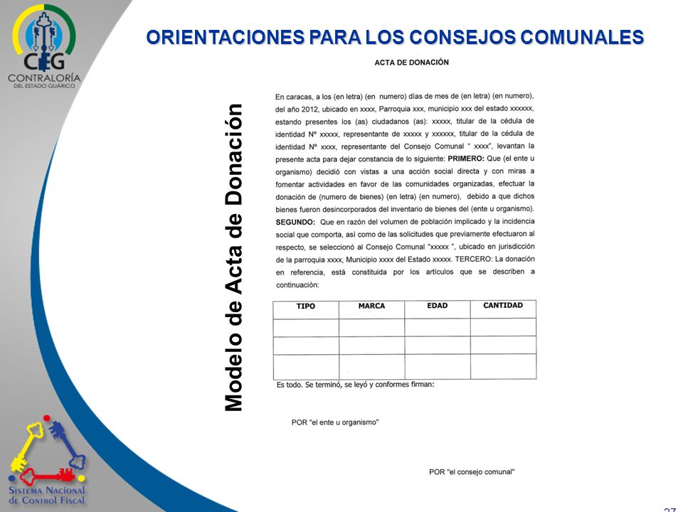 ORIENTACIONES PARA LOS CONSEJOS COMUNALES Modelo de Acta de Donación