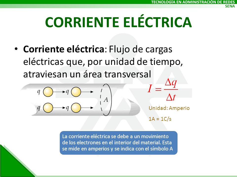 CORRIENTE ELÉCTRICA Corriente eléctrica: Flujo de cargas eléctricas que, por unidad de tiempo, atraviesan un área transversal.
