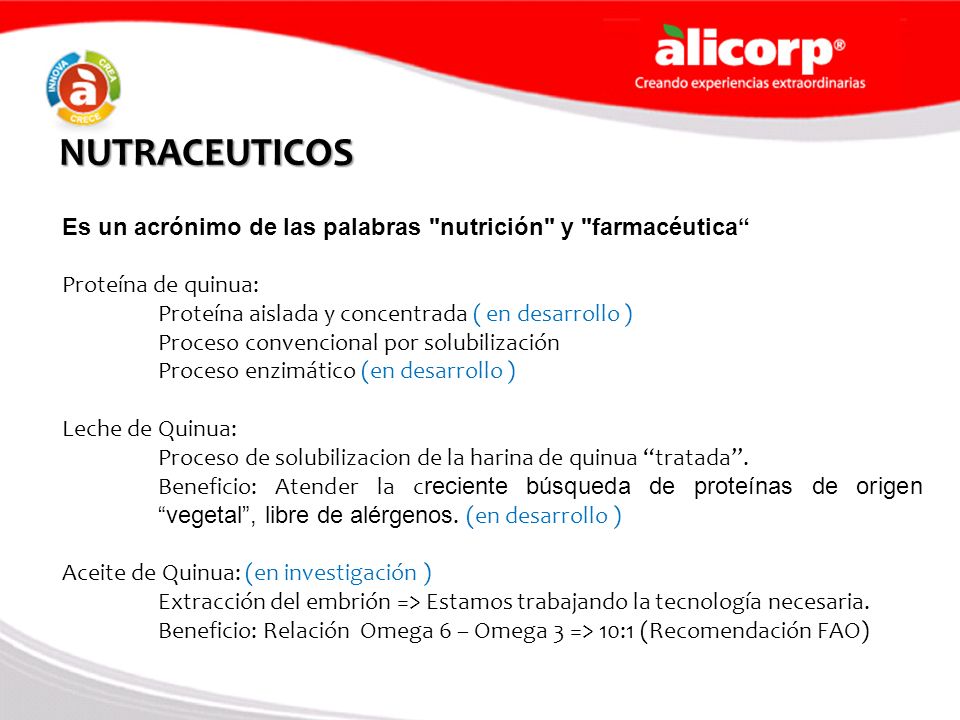 NUTRACEUTICOS Es un acrónimo de las palabras nutrición y farmacéutica Proteína de quinua: Proteína aislada y concentrada ( en desarrollo )