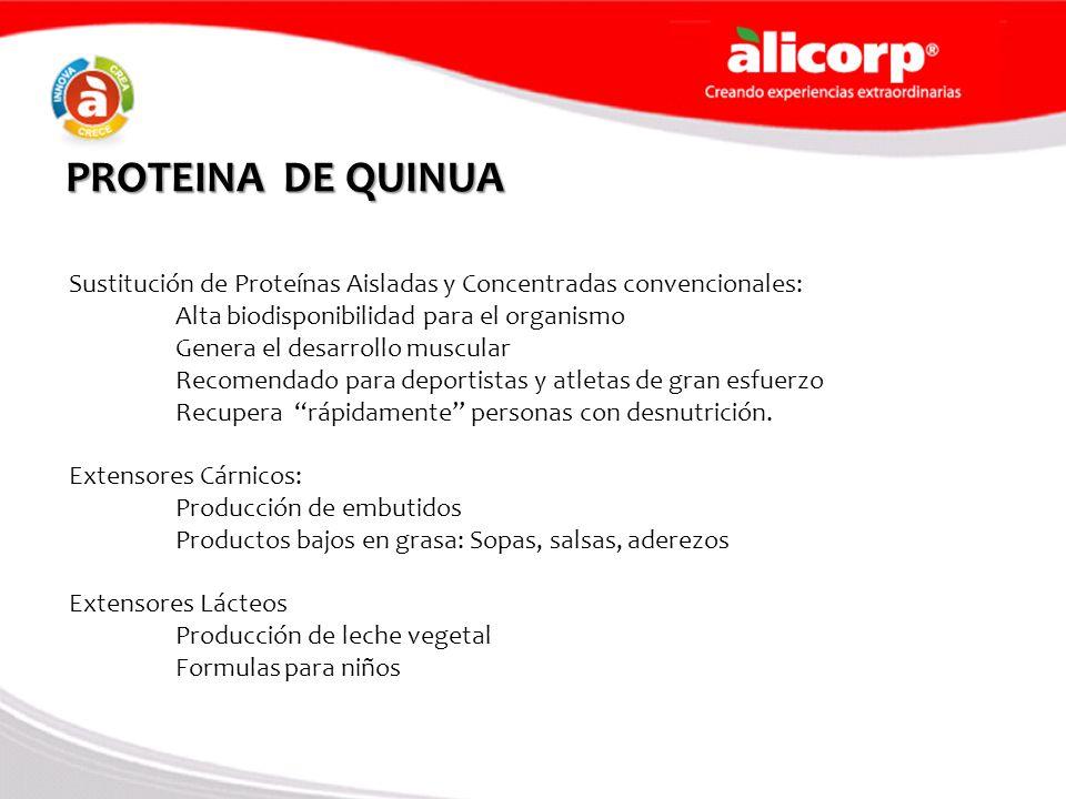 PROTEINA DE QUINUA Sustitución de Proteínas Aisladas y Concentradas convencionales: Alta biodisponibilidad para el organismo.
