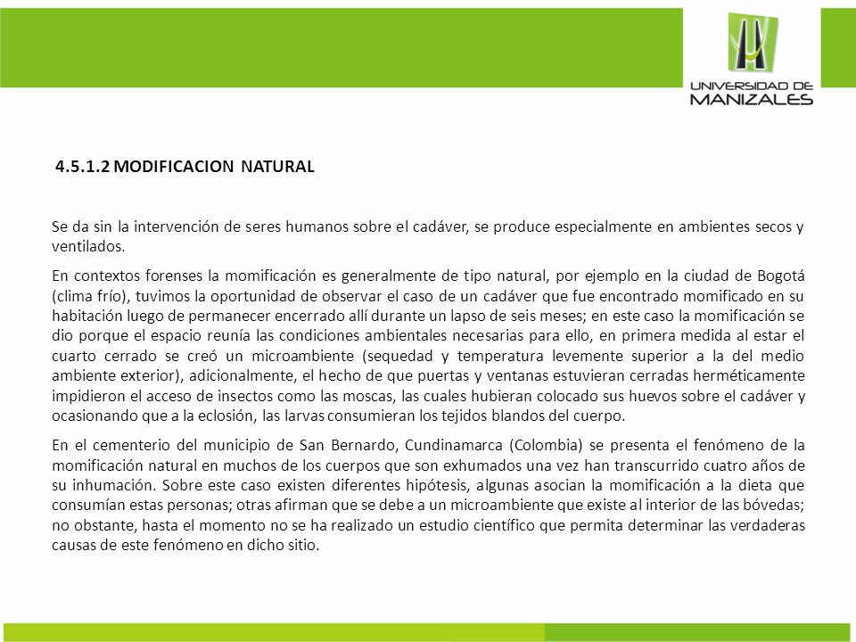 MODIFICACION NATURAL Se da sin la intervención de seres humanos sobre el cadáver, se produce especialmente en ambientes secos y ventilados.