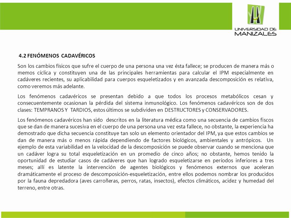 4.2 FENÓMENOS CADAVÉRICOS Son los cambios físicos que sufre el cuerpo de una persona una vez ésta fallece; se producen de manera más o memos cíclica y constituyen una de las principales herramientas para calcular el IPM especialmente en cadáveres recientes, su aplicabilidad para cuerpos esqueletizados y en avanzada descomposición es relativa, como veremos más adelante.