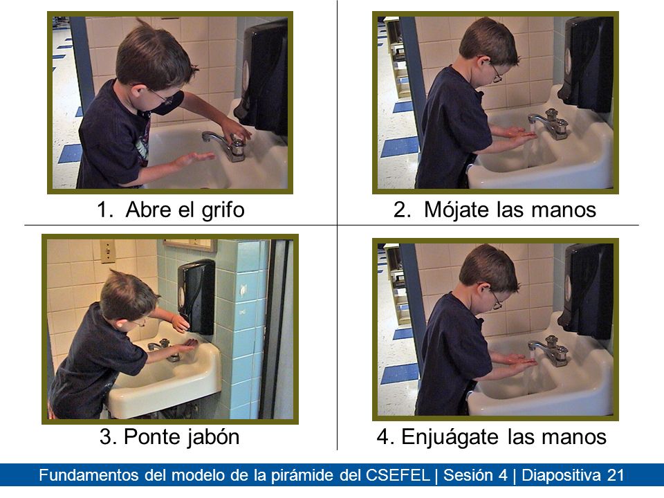 1. Abre el grifo 2. Mójate las manos 3. Ponte jabón 4. Enjuágate las manos