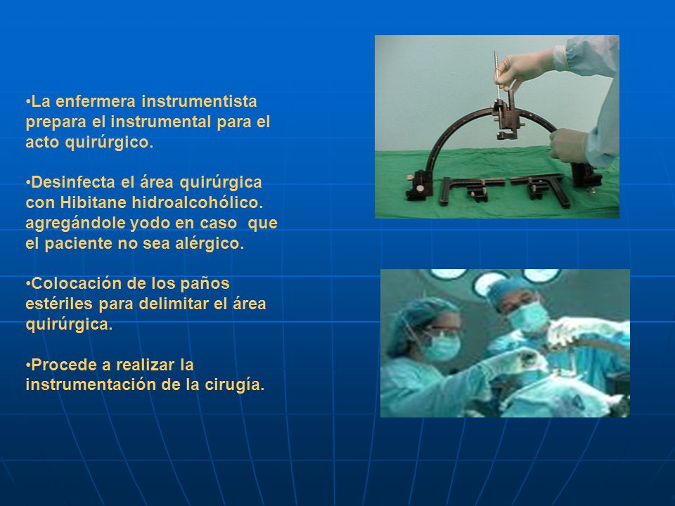 La enfermera instrumentista prepara el instrumental para el acto quirúrgico.