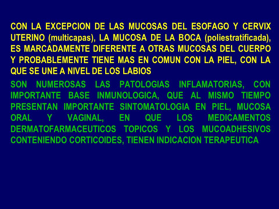 CON LA EXCEPCION DE LAS MUCOSAS DEL ESOFAGO Y CERVIX UTERINO (multicapas), LA MUCOSA DE LA BOCA (poliestratificada), ES MARCADAMENTE DIFERENTE A OTRAS MUCOSAS DEL CUERPO Y PROBABLEMENTE TIENE MAS EN COMUN CON LA PIEL, CON LA QUE SE UNE A NIVEL DE LOS LABIOS