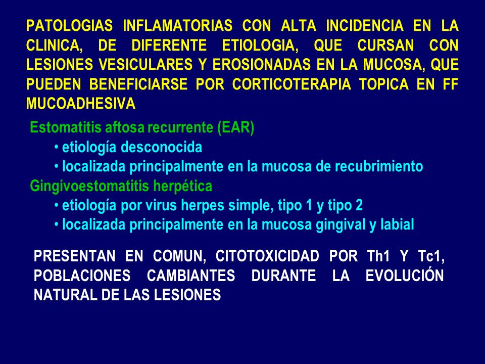 PATOLOGIAS INFLAMATORIAS CON ALTA INCIDENCIA EN LA CLINICA, DE DIFERENTE ETIOLOGIA, QUE CURSAN CON LESIONES VESICULARES Y EROSIONADAS EN LA MUCOSA, QUE PUEDEN BENEFICIARSE POR CORTICOTERAPIA TOPICA EN FF MUCOADHESIVA