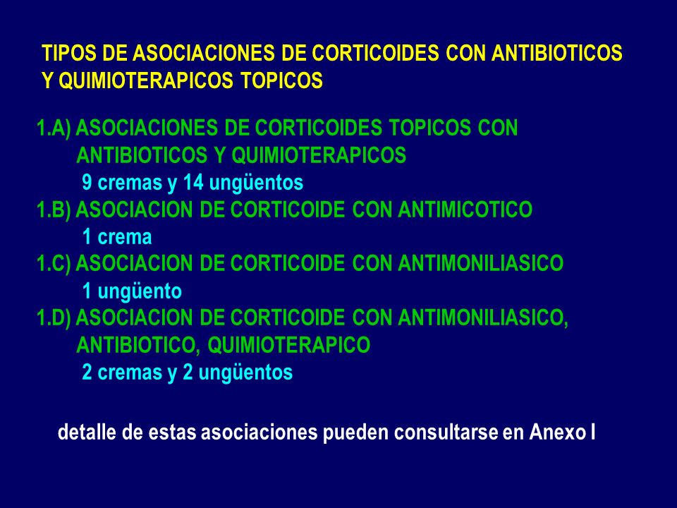 TIPOS DE ASOCIACIONES DE CORTICOIDES CON ANTIBIOTICOS Y QUIMIOTERAPICOS TOPICOS