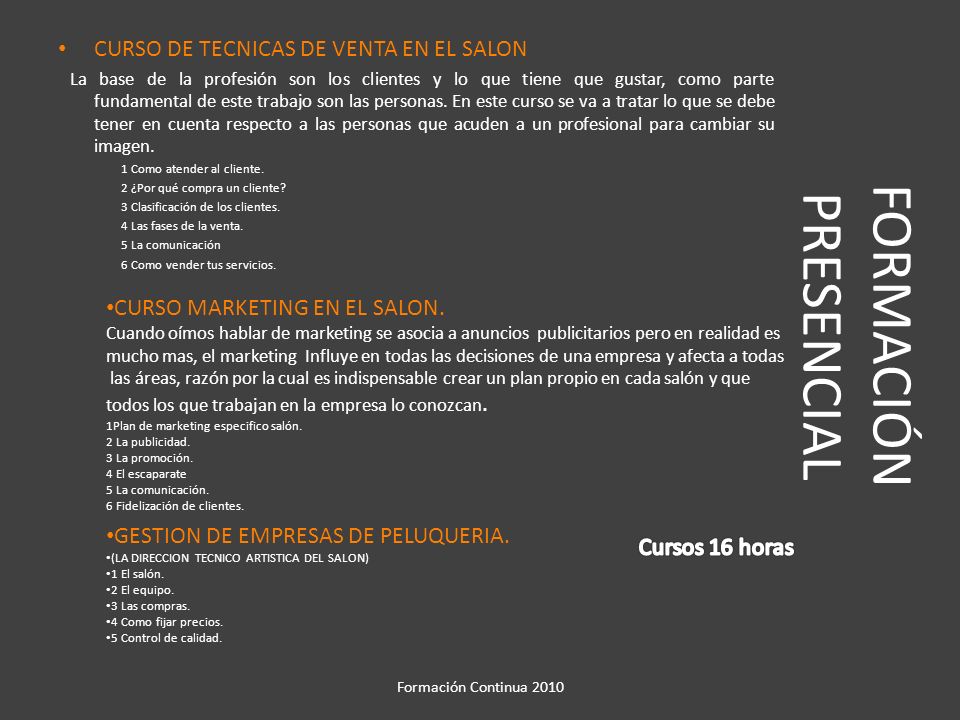 FORMACIÓN PRESENCIAL CURSO DE TECNICAS DE VENTA EN EL SALON