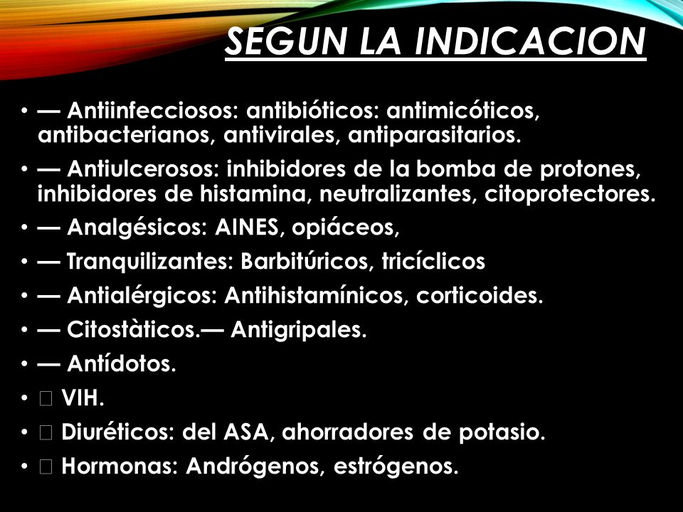 SEGUN LA INDICACION — Antiinfecciosos: antibióticos: antimicóticos, antibacterianos, antivirales, antiparasitarios.