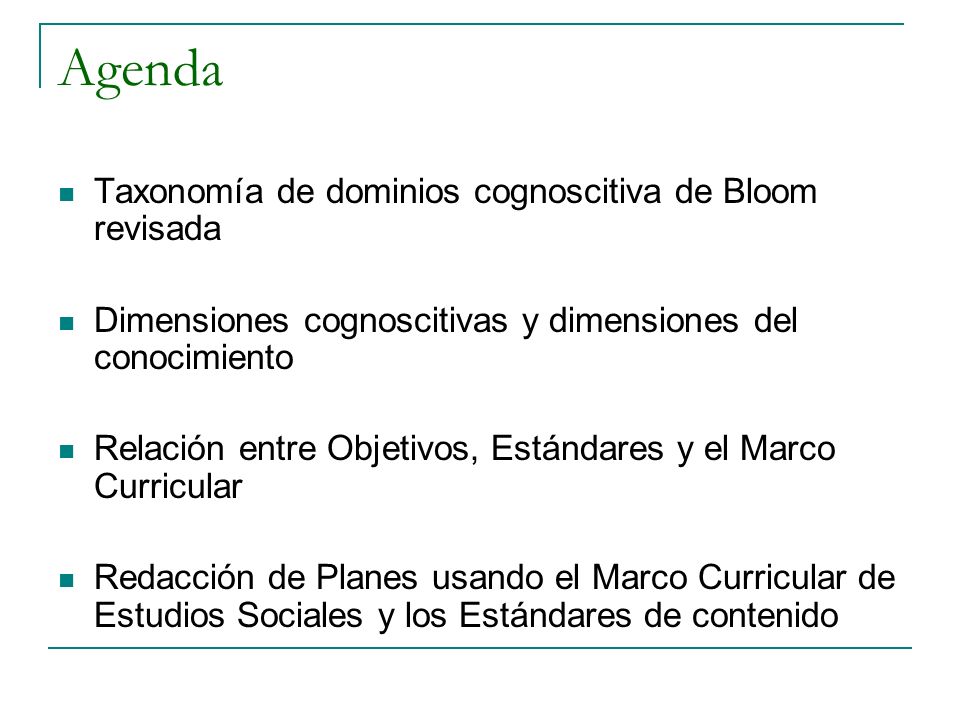 Agenda Taxonomía de dominios cognoscitiva de Bloom revisada