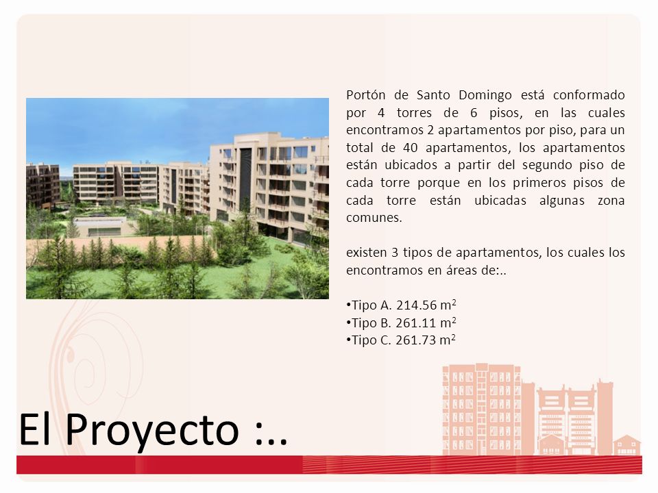 Portón de Santo Domingo está conformado por 4 torres de 6 pisos, en las cuales encontramos 2 apartamentos por piso, para un total de 40 apartamentos, los apartamentos están ubicados a partir del segundo piso de cada torre porque en los primeros pisos de cada torre están ubicadas algunas zona comunes.