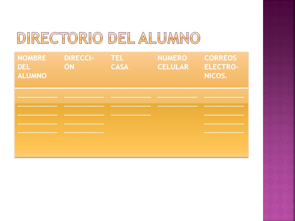 DIRECTORIO DEL ALUMNO NOMBRE DEL ALUMNO DIRECCI- ÓN TEL CASA NUMERO