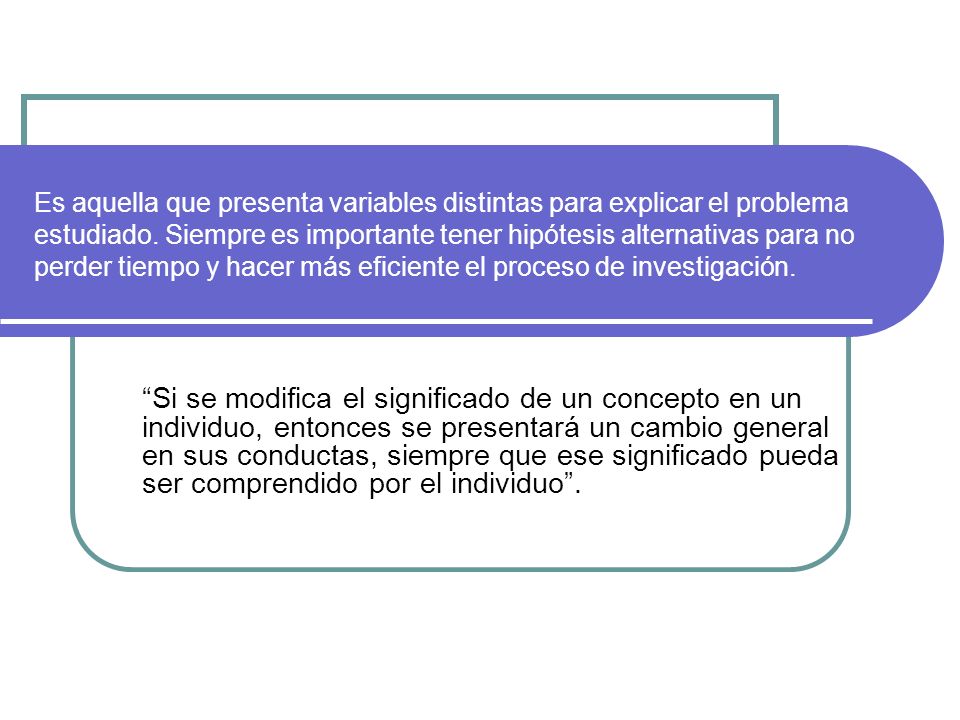 Es aquella que presenta variables distintas para explicar el problema estudiado. Siempre es importante tener hipótesis alternativas para no perder tiempo y hacer más eficiente el proceso de investigación.