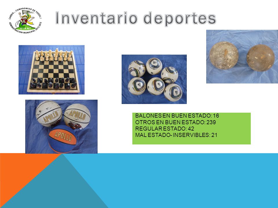 Inventario deportes Balones en BUEN Estado: 16 otros en buen estado: 239 regular estado: 42 mal estado- inservibles: 21.