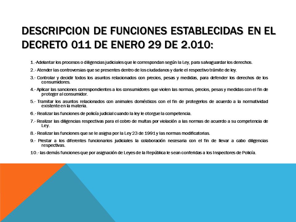 DESCRIPCION DE FUNCIONES ESTABLECIDAS EN EL DECRETO 011 DE ENERO 29 DE 2.010: