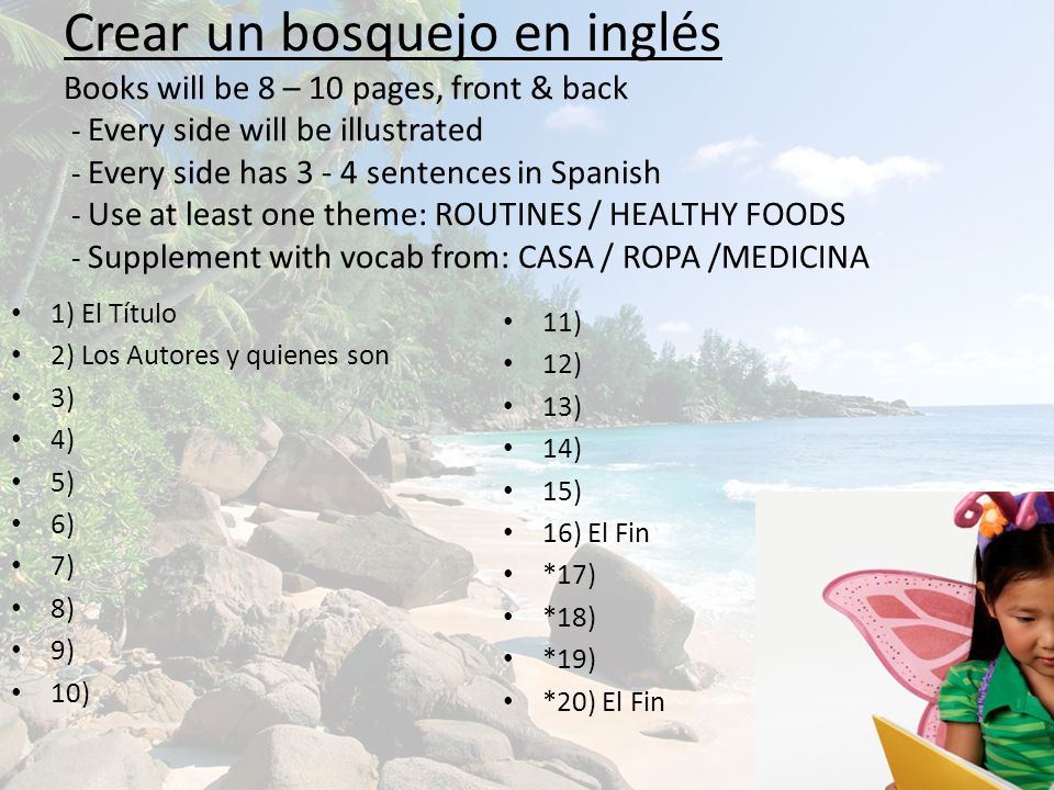 Crear un bosquejo en inglés Books will be 8 – 10 pages, front & back - Every side will be illustrated - Every side has sentences in Spanish - Use at least one theme: ROUTINES / HEALTHY FOODS - Supplement with vocab from: CASA / ROPA /MEDICINA
