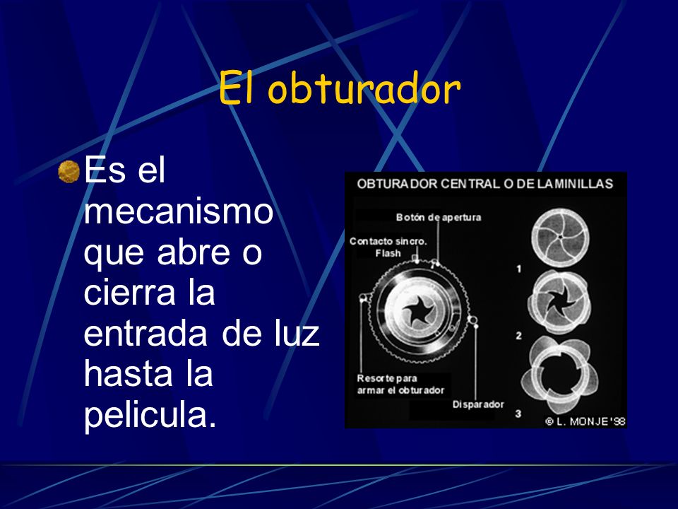 El obturador Es el mecanismo que abre o cierra la entrada de luz hasta la pelicula.