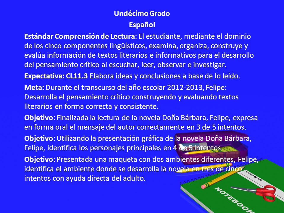 Undécimo Grado Español Estándar Comprensión de Lectura: El estudiante, mediante el dominio de los cinco componentes lingüísticos, examina, organiza, construye y evalúa información de textos literarios e informativos para el desarrollo del pensamiento crítico al escuchar, leer, observar e investigar.