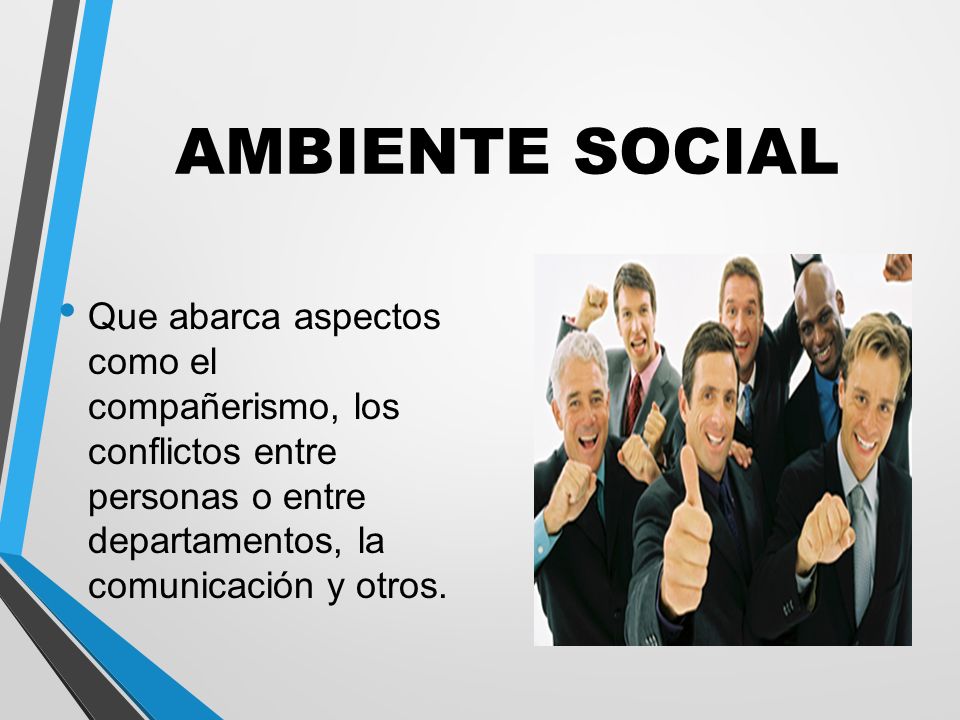 AMBIENTE SOCIAL Que abarca aspectos como el compañerismo, los conflictos entre personas o entre departamentos, la comunicación y otros.