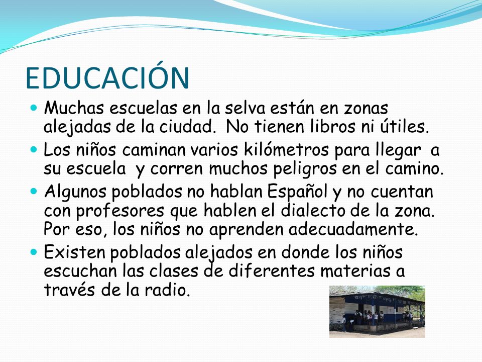 EDUCACIÓN Muchas escuelas en la selva están en zonas alejadas de la ciudad. No tienen libros ni útiles.
