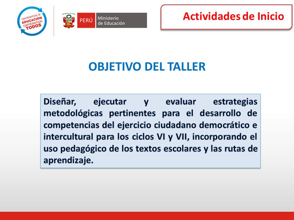 OBJETIVO DEL TALLER Actividades de Inicio