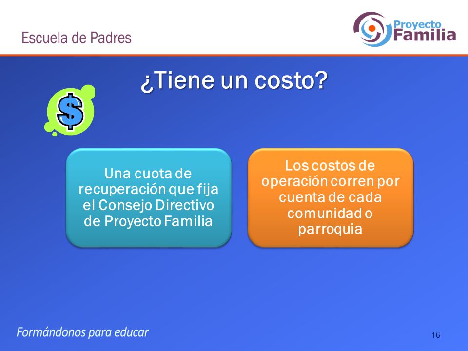 ¿Tiene un costo Una cuota de recuperación que fija el Consejo Directivo de Proyecto Familia.
