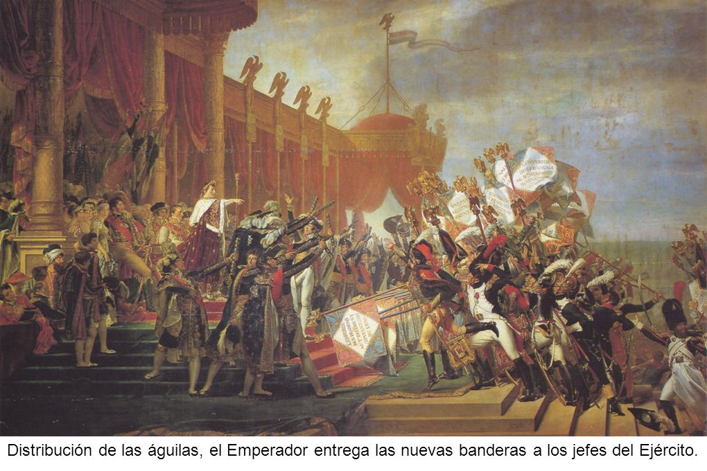 Distribución de las águilas, el Emperador entrega las nuevas banderas a los jefes del Ejército.
