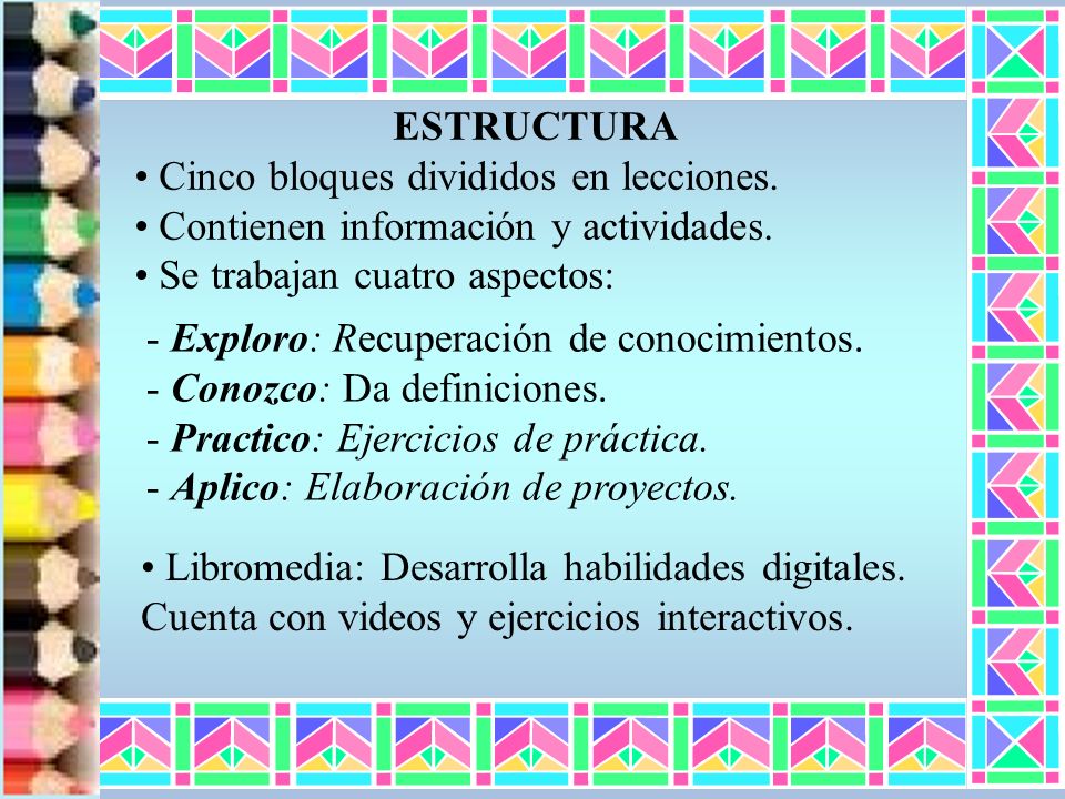 ESTRUCTURA Cinco bloques divididos en lecciones. Contienen información y actividades. Se trabajan cuatro aspectos:
