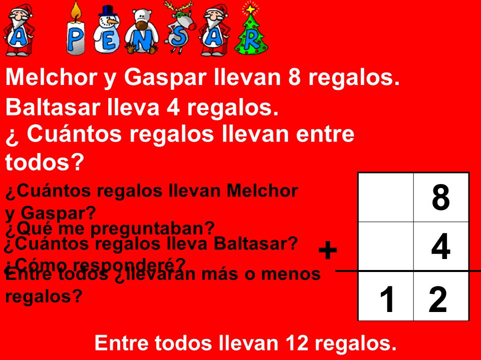 Melchor y Gaspar llevan 8 regalos. Baltasar lleva 4 regalos.