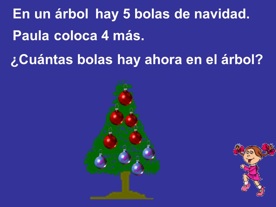 En un árbol hay 5 bolas de navidad. Paula coloca 4 más. ¿Cuántas bolas hay ahora en el árbol
