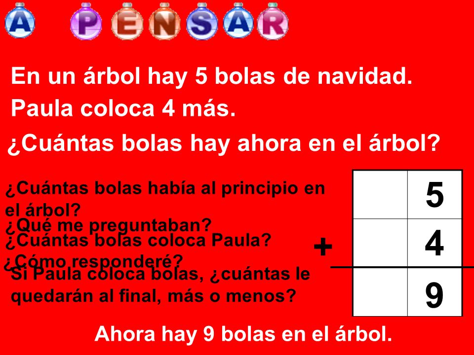 En un árbol hay 5 bolas de navidad. Paula coloca 4 más.