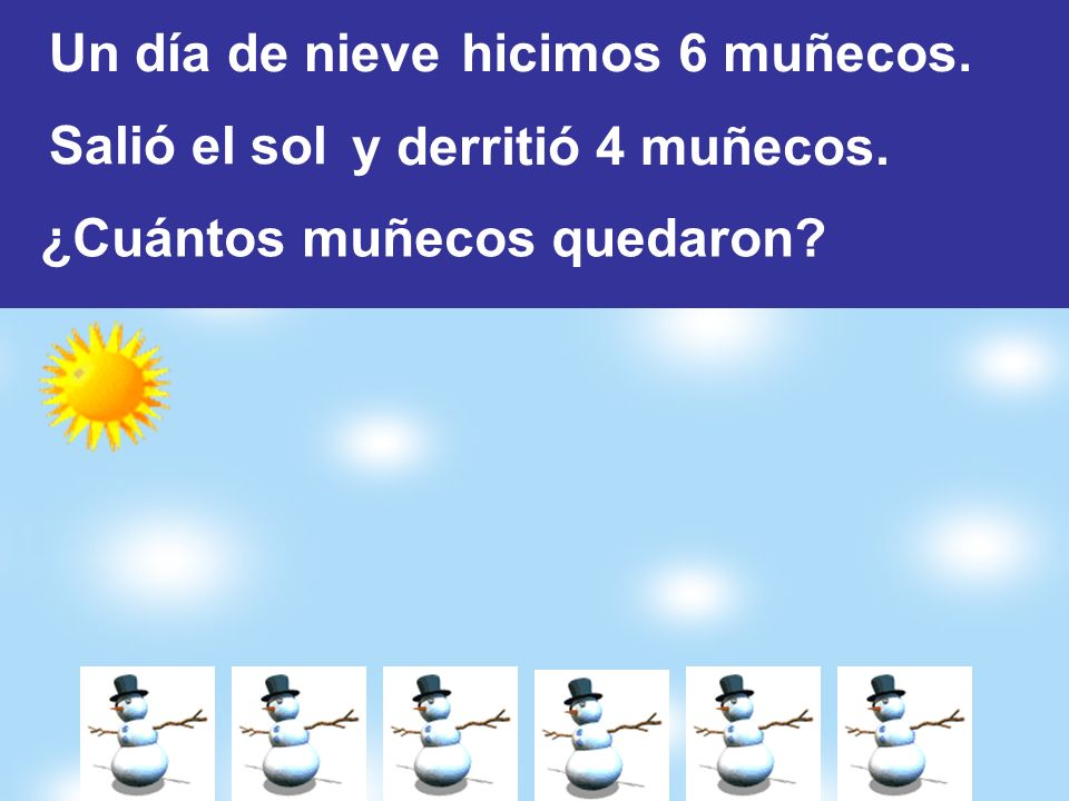 Un día de nieve hicimos 6 muñecos. Salió el sol y derritió 4 muñecos. ¿Cuántos muñecos quedaron
