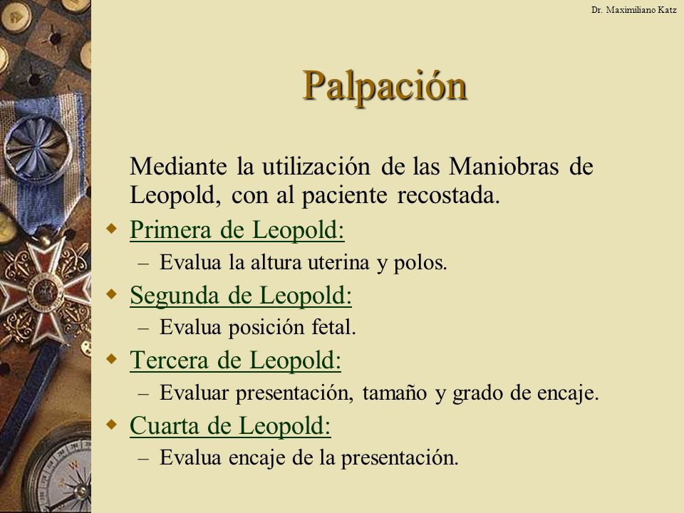Dr. Maximiliano Katz Palpación. Mediante la utilización de las Maniobras de Leopold, con al paciente recostada.