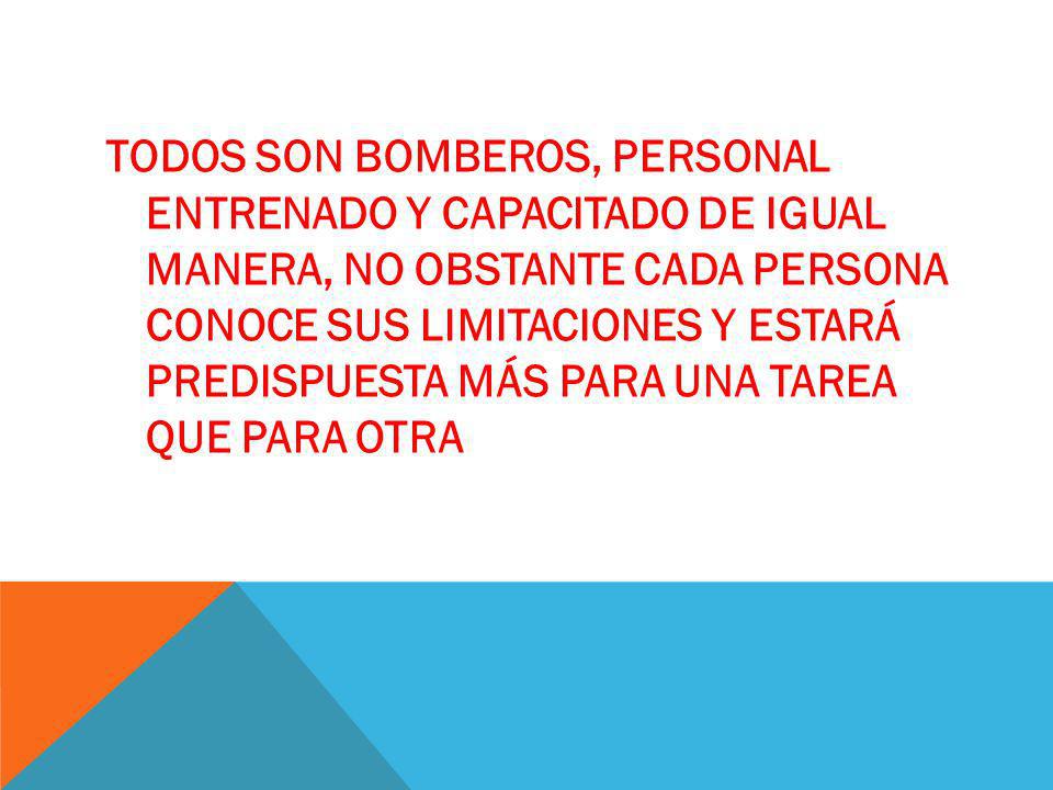todos son BOMBEROS, personal entrenado y capacitado de igual manera, no obstante cada persona conoce sus limitaciones y estará predispuesta más para una tarea que para otra