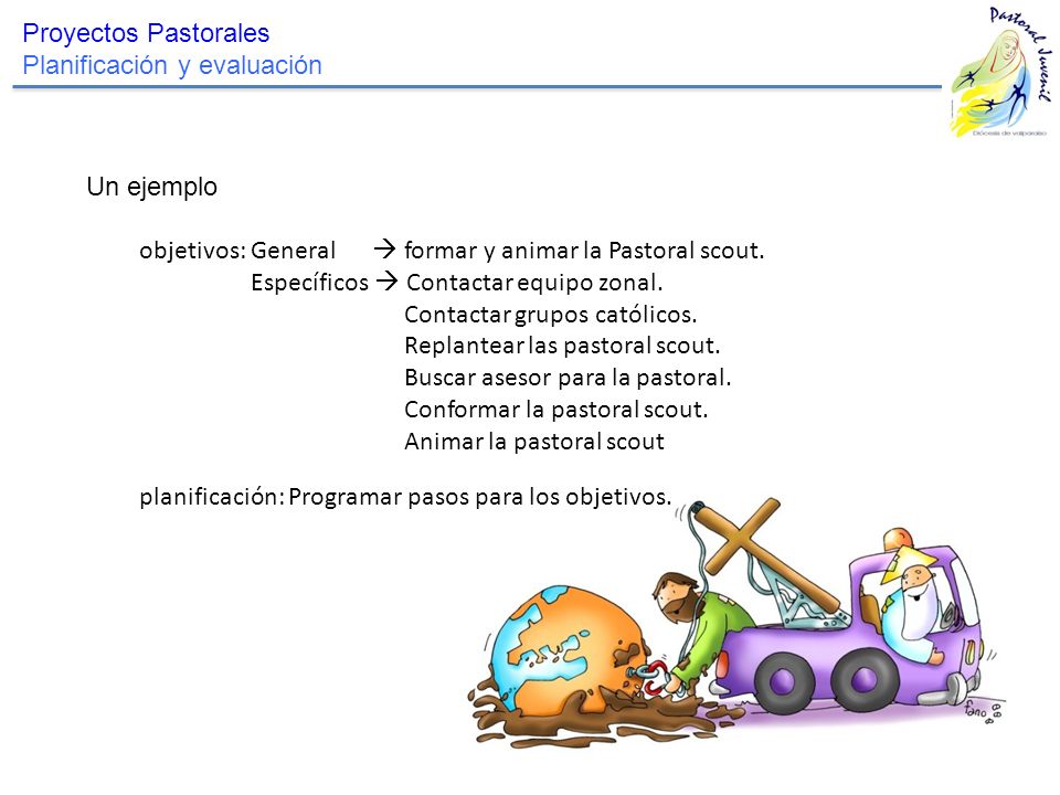 Proyectos Pastorales Planificación y evaluación. Un ejemplo. objetivos: General  formar y animar la Pastoral scout.