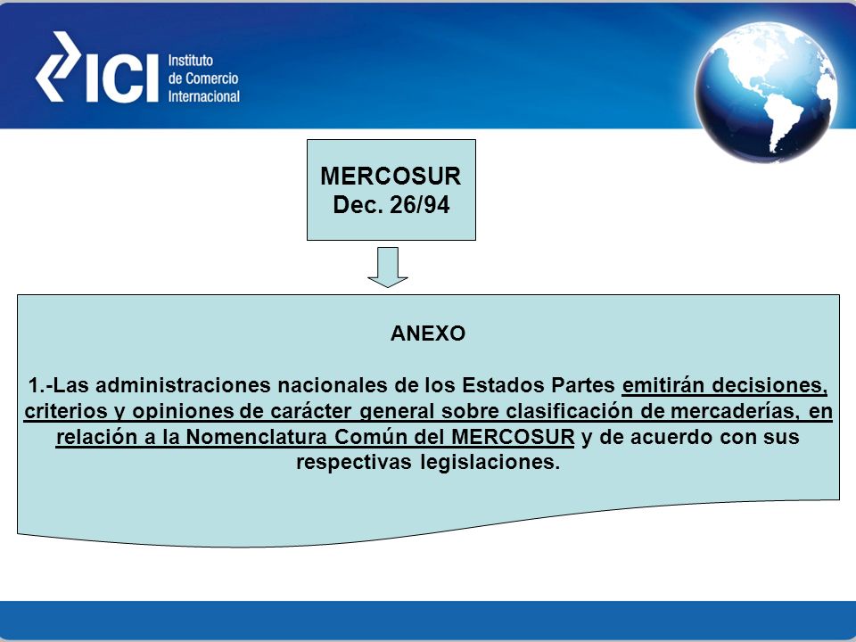 MERCOSUR Dec. 26/94. ANEXO. 1.-Las administraciones nacionales de los Estados Partes emitirán decisiones,