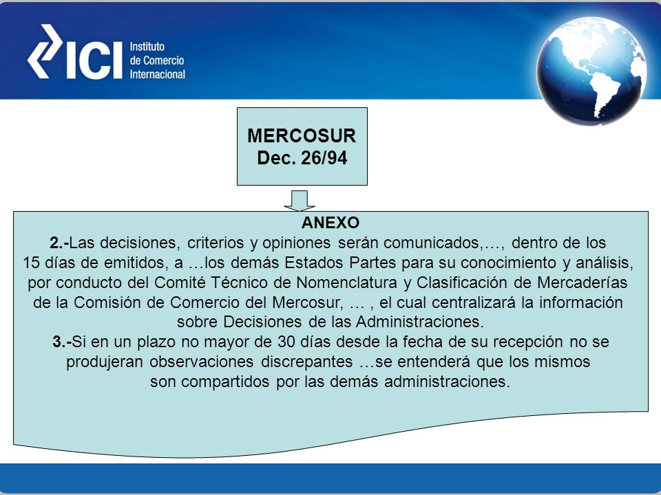 MERCOSUR Dec. 26/94. ANEXO. 2.-Las decisiones, criterios y opiniones serán comunicados,…, dentro de los.