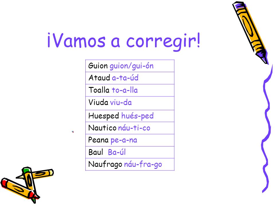 ¡Vamos a corregir! Guion guion/gui-ón Ataud a-ta-úd Toalla to-a-lla