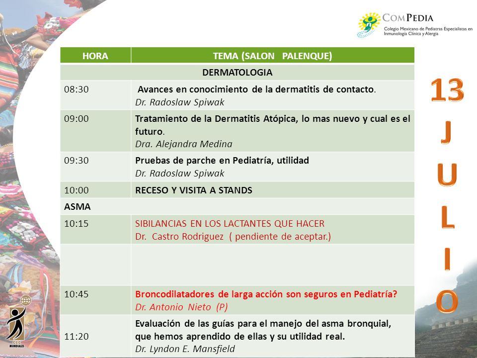13 J U L I O HORA TEMA (SALON PALENQUE) DERMATOLOGIA 08:30