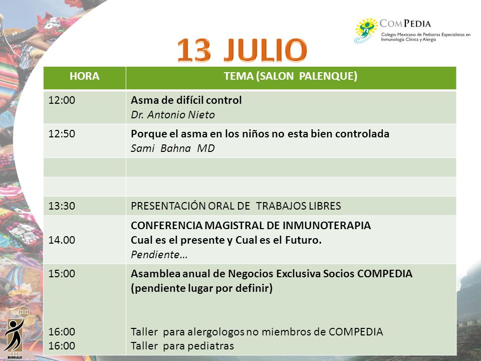 JULIO HORA TEMA (SALON PALENQUE) 12:00 Asma de difícil control