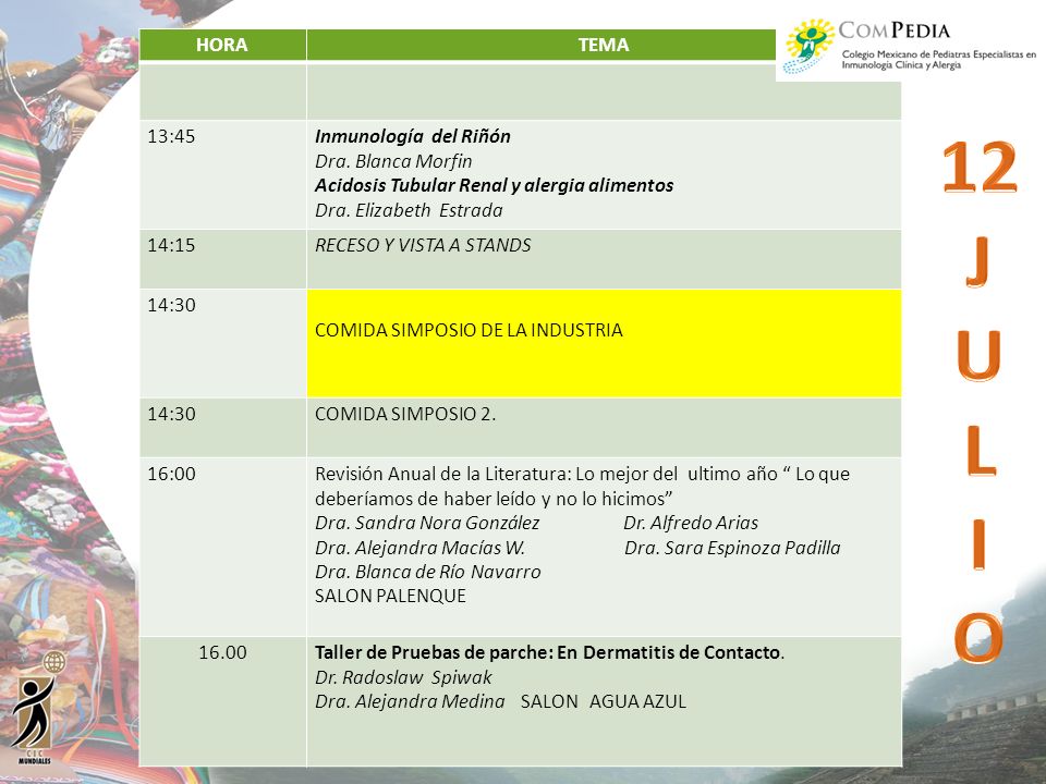 12 J U L I O HORA TEMA 13:45 Inmunología del Riñón Dra. Blanca Morfin