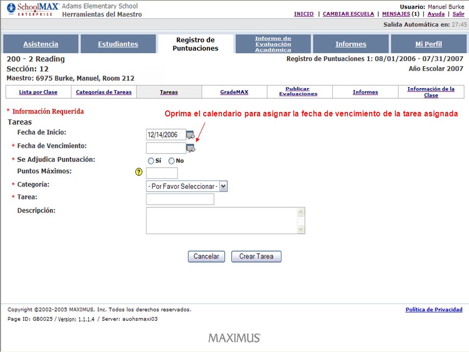 Oprima el calendario para asignar la fecha de vencimiento de la tarea asignada