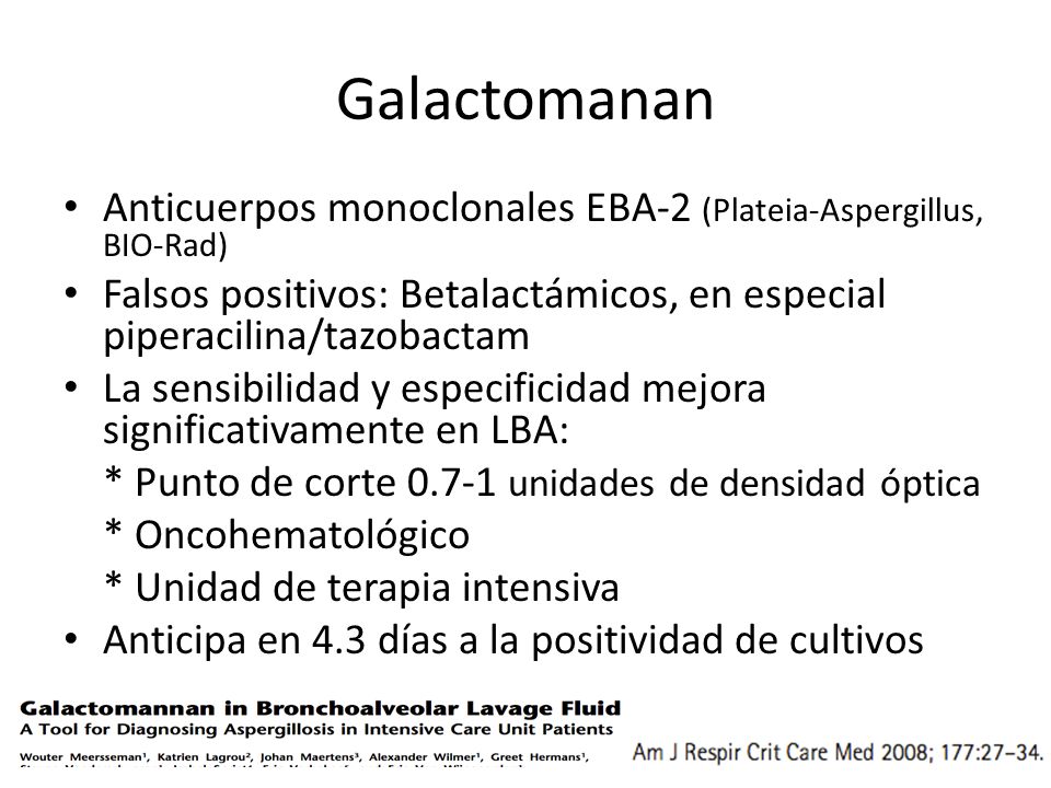 Galactomanan Anticuerpos monoclonales EBA-2 (Plateia-Aspergillus, BIO-Rad) Falsos positivos: Betalactámicos, en especial piperacilina/tazobactam.