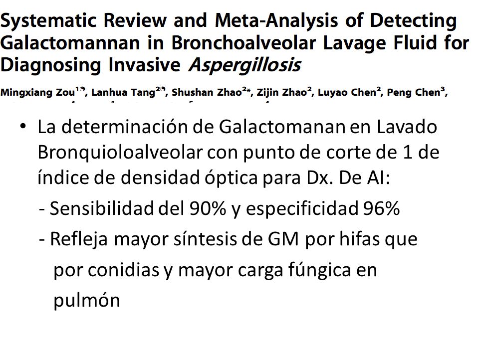 La determinación de Galactomanan en Lavado Bronquioloalveolar con punto de corte de 1 de índice de densidad óptica para Dx. De AI: